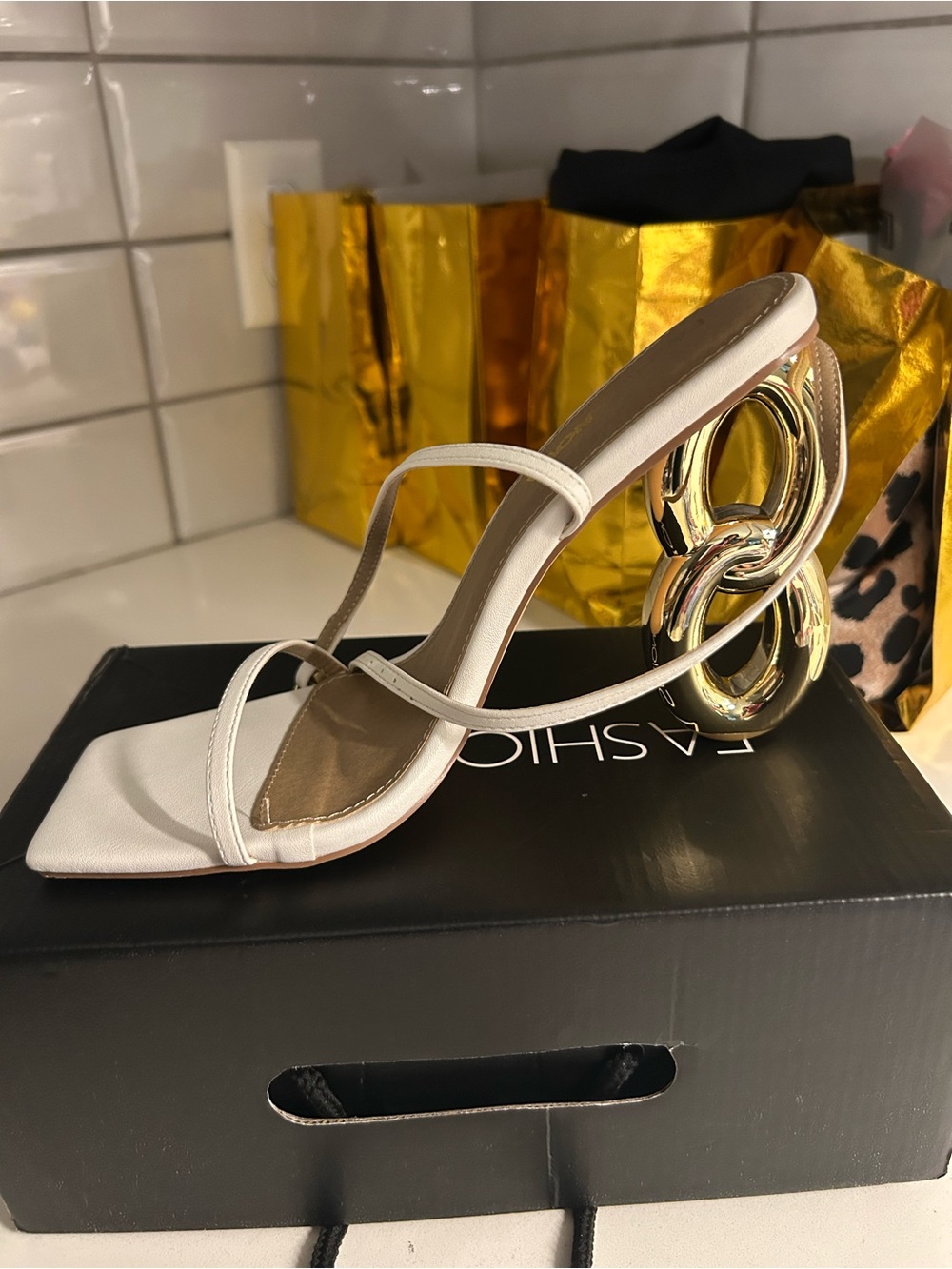 Fashion Nova White Strappy Sandal with Gold Sculptural Heel